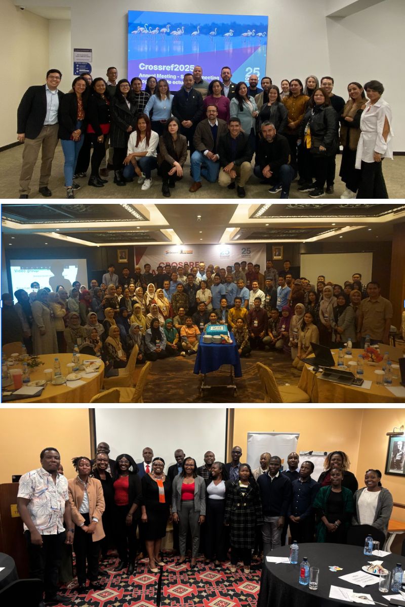 Crossref satellite events bringing local communities together in Bogotá, Medan, and Nairobi.